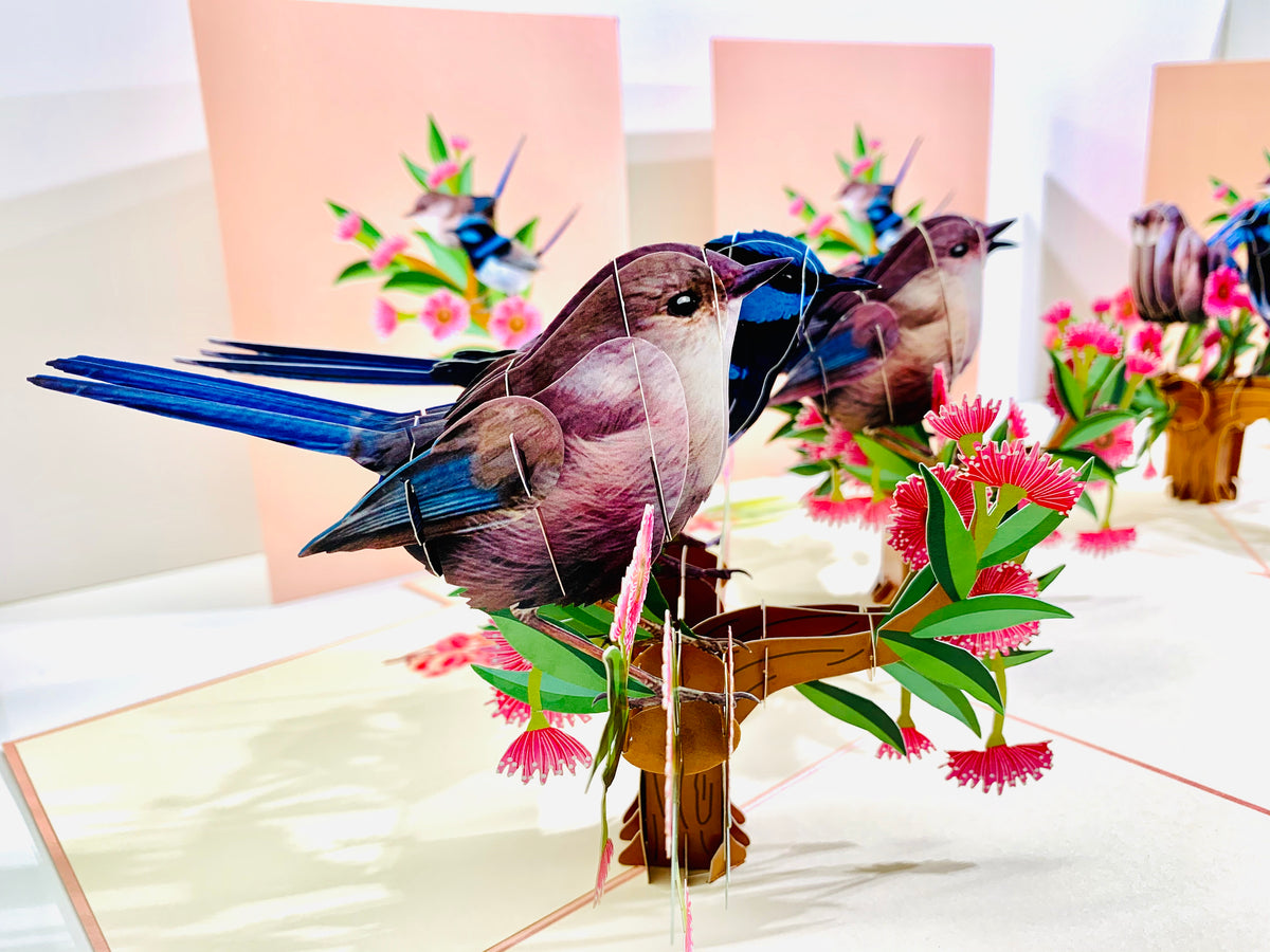 Lovebird Couple Superb Fairy-Wren or Known as Blue Wren Aussie Bird Origami Pop Cards 3D Pop Up Greeting Card Best Wishes Happy Birthday Gift Thank You Handmade Blank Card for Any Occasion Happy Mother's Day Happy Mother's Day Celebrate Beauty of Flower