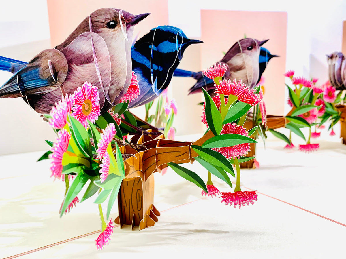 Lovebird Couple Superb Fairy-Wren or Known as Blue Wren Aussie Bird Origami Pop Cards 3D Pop Up Greeting Card Best Wishes Happy Birthday Gift Thank You Handmade Blank Card for Any Occasion Happy Mother's Day Happy Mother's Day Celebrate Beauty of Flower