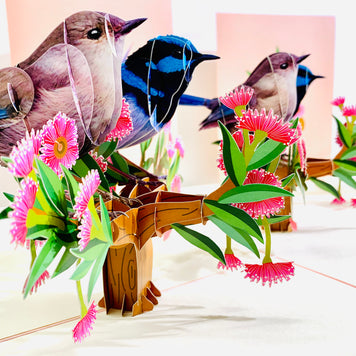 Lovebird Couple Superb Fairy-Wren or Known as Blue Wren Aussie Bird Origami Pop Cards 3D Pop Up Greeting Card Best Wishes Happy Birthday Gift Thank You Handmade Blank Card for Any Occasion Happy Mother's Day Happy Mother's Day Celebrate Beauty of Flower