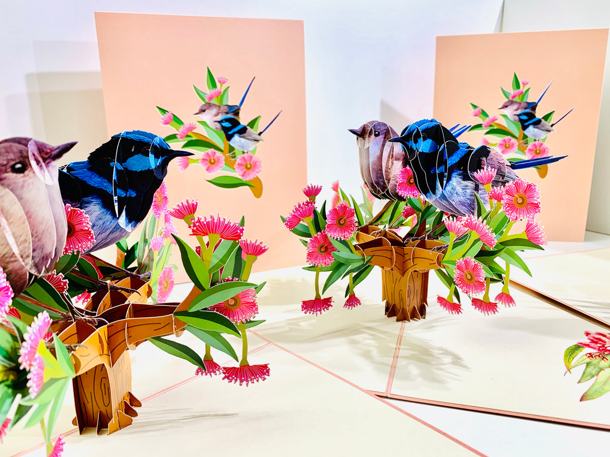 Lovebird Couple Superb Fairy-Wren or Known as Blue Wren Aussie Bird Origami Pop Cards 3D Pop Up Greeting Card Best Wishes Happy Birthday Gift Thank You Handmade Blank Card for Any Occasion Happy Mother's Day Happy Mother's Day Celebrate Beauty of Flower