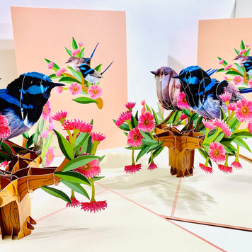 Lovebird Couple Superb Fairy-Wren or Known as Blue Wren Aussie Bird Origami Pop Cards 3D Pop Up Greeting Card Best Wishes Happy Birthday Gift Thank You Handmade Blank Card for Any Occasion Happy Mother's Day Happy Mother's Day Celebrate Beauty of Flower