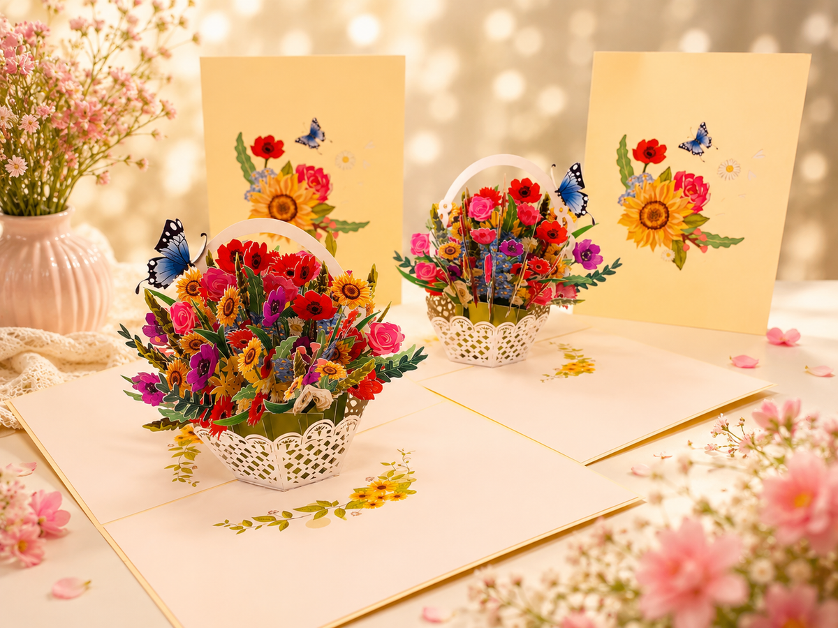CREAM Spring Colourful Flower Basket Origami Pop Cards 3D Pop Up Greeting Card Happy Birthday Thank You Handmade Gift Thinking of You Blank Card for Any Occasion Happy Mother's Day Happy Father's Australiana Celebrate the Beauty of Flower and Romantic