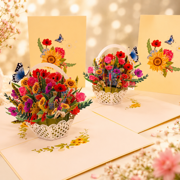 CREAM Spring Colourful Flower Basket Origami Pop Cards 3D Pop Up Greeting Card Happy Birthday Thank You Handmade Gift Thinking of You Blank Card for Any Occasion Happy Mother's Day Happy Father's Australiana Celebrate the Beauty of Flower and Romantic