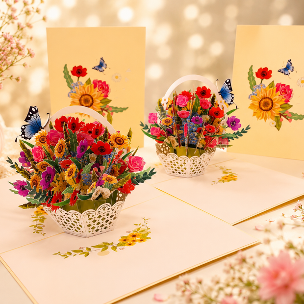 CREAM Spring Colourful Flower Basket Origami Pop Cards 3D Pop Up Greeting Card Happy Birthday Thank You Handmade Gift Thinking of You Blank Card for Any Occasion Happy Mother's Day Happy Father's Australiana Celebrate the Beauty of Flower and Romantic