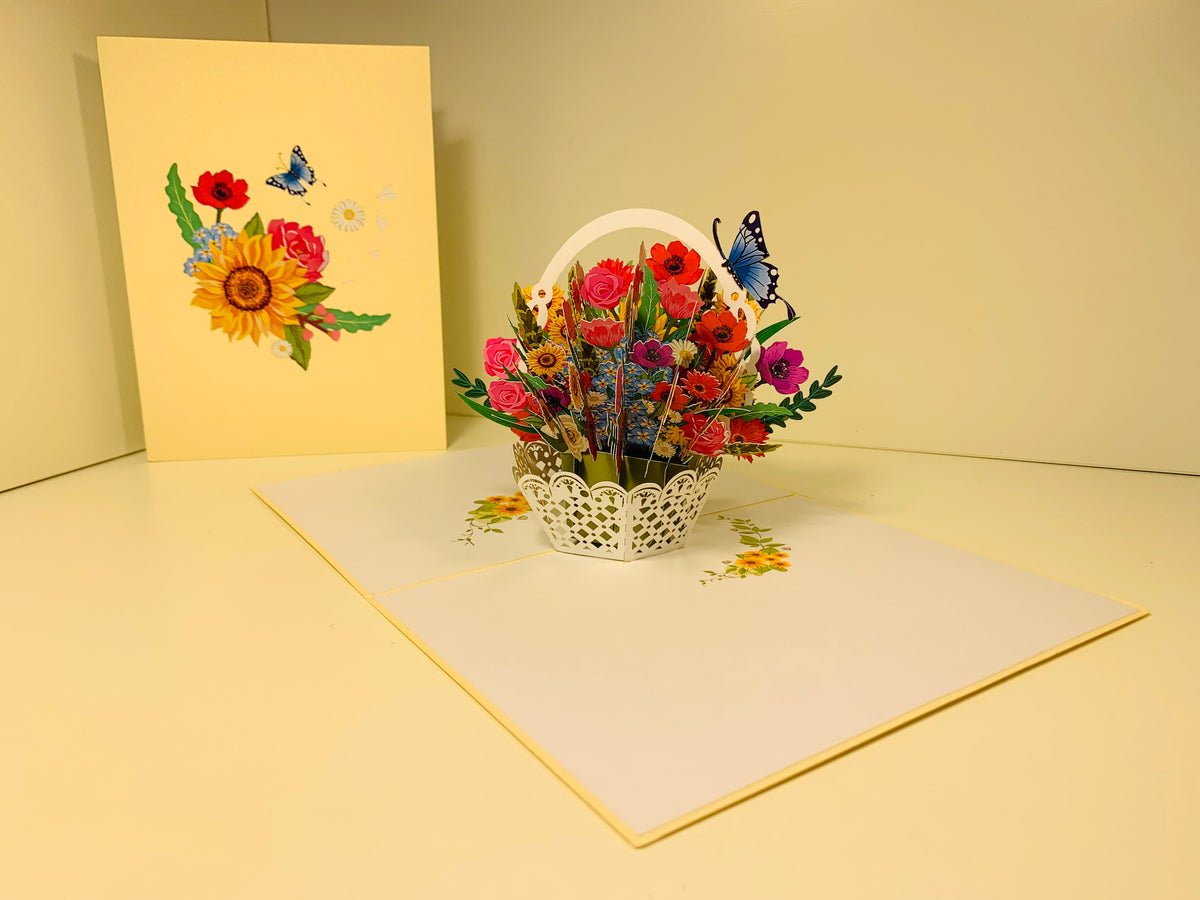 CREAM Spring Colourful Flower Basket Origami Pop Cards 3D Pop Up Greeting Card Happy Birthday Thank You Handmade Gift Thinking of You Blank Card for Any Occasion Happy Mother's Day Happy Father's Australiana Celebrate the Beauty of Flower and Romantic