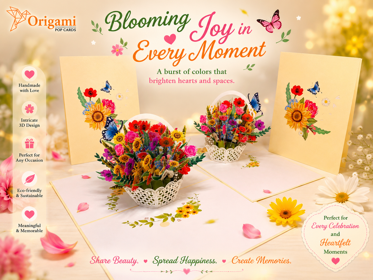 CREAM Spring Colourful Flower Basket Origami Pop Cards 3D Pop Up Greeting Card Happy Birthday Thank You Handmade Gift Thinking of You Blank Card for Any Occasion Happy Mother's Day Happy Father's Australiana Celebrate the Beauty of Flower and Romantic