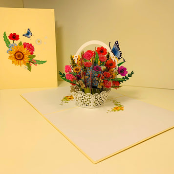 CREAM Spring Colourful Flower Basket Origami Pop Cards 3D Pop Up Greeting Card Happy Birthday Thank You Handmade Gift Thinking of You Blank Card for Any Occasion Happy Mother's Day Happy Father's Australiana Celebrate the Beauty of Flower and Romantic