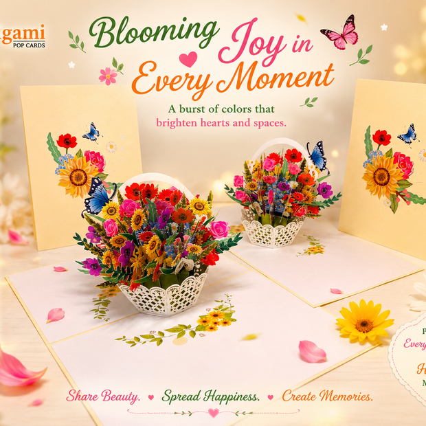 CREAM Spring Colourful Flower Basket Origami Pop Cards 3D Pop Up Greeting Card Happy Birthday Thank You Handmade Gift Thinking of You Blank Card for Any Occasion Happy Mother's Day Happy Father's Australiana Celebrate the Beauty of Flower and Romantic