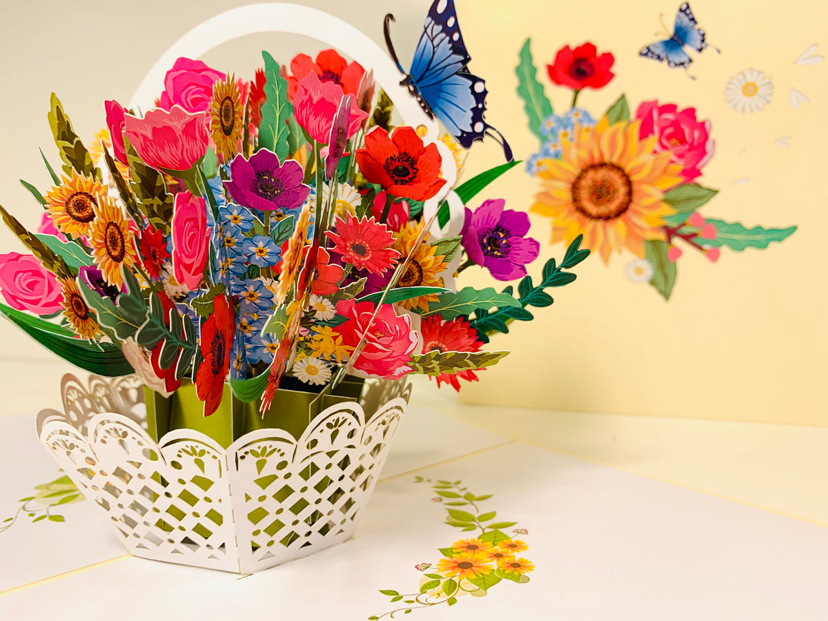 CREAM Spring Colourful Flower Basket Origami Pop Cards 3D Pop Up Greeting Card Happy Birthday Thank You Handmade Gift Thinking of You Blank Card for Any Occasion Happy Mother's Day Happy Father's Australiana Celebrate the Beauty of Flower and Romantic