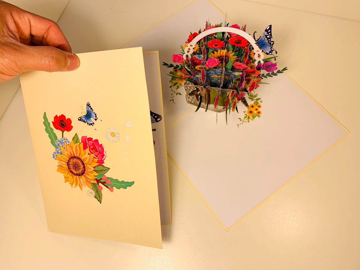 CREAM Spring Colourful Flower Basket Origami Pop Cards 3D Pop Up Greeting Card Happy Birthday Thank You Handmade Gift Thinking of You Blank Card for Any Occasion Happy Mother's Day Happy Father's Australiana Celebrate the Beauty of Flower and Romantic