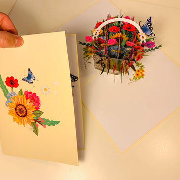 CREAM Spring Colourful Flower Basket Origami Pop Cards 3D Pop Up Greeting Card Happy Birthday Thank You Handmade Gift Thinking of You Blank Card for Any Occasion Happy Mother's Day Happy Father's Australiana Celebrate the Beauty of Flower and Romantic
