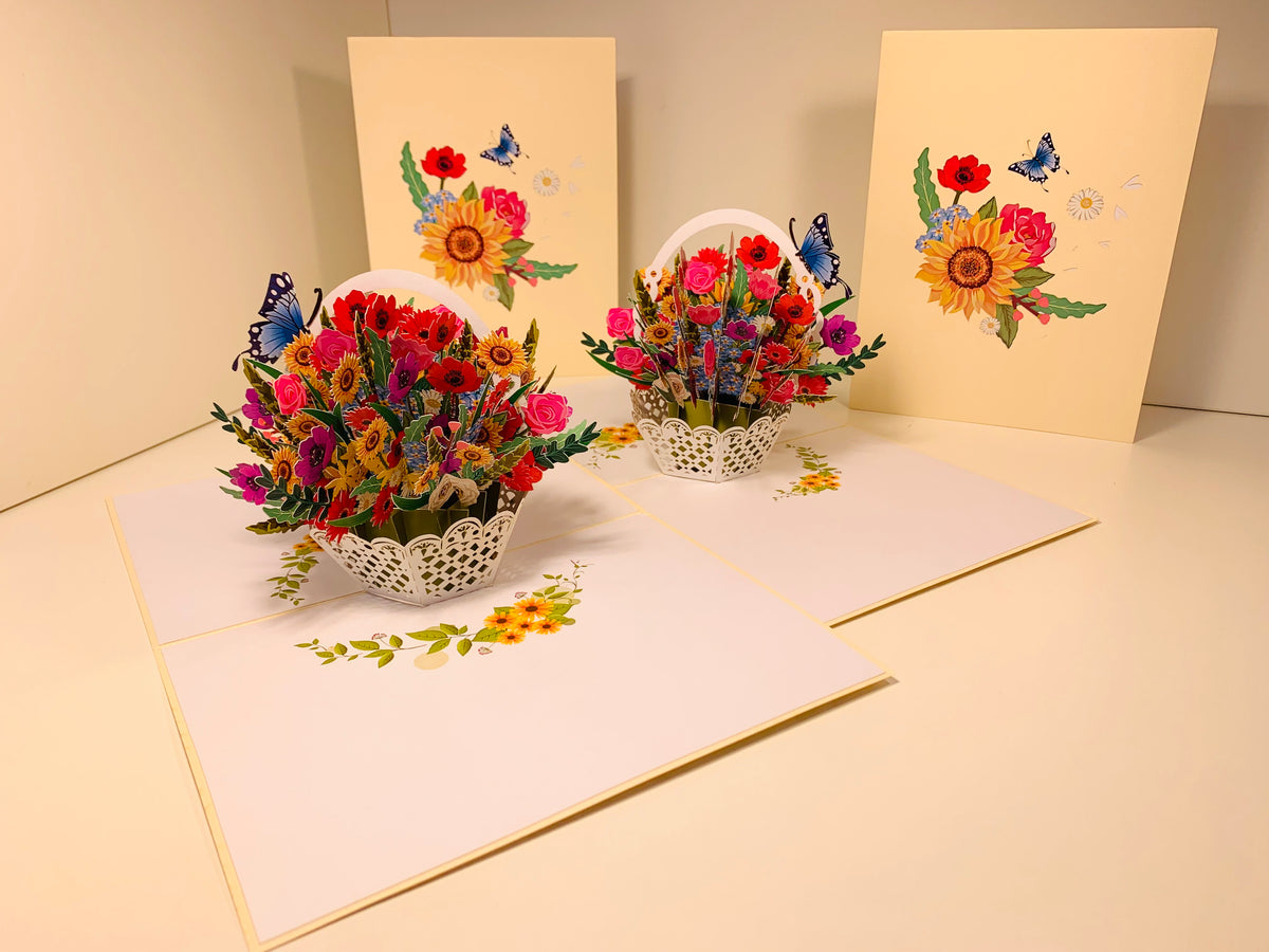 CREAM Spring Colourful Flower Basket Origami Pop Cards 3D Pop Up Greeting Card Happy Birthday Thank You Handmade Gift Thinking of You Blank Card for Any Occasion Happy Mother's Day Happy Father's Australiana Celebrate the Beauty of Flower and Romantic