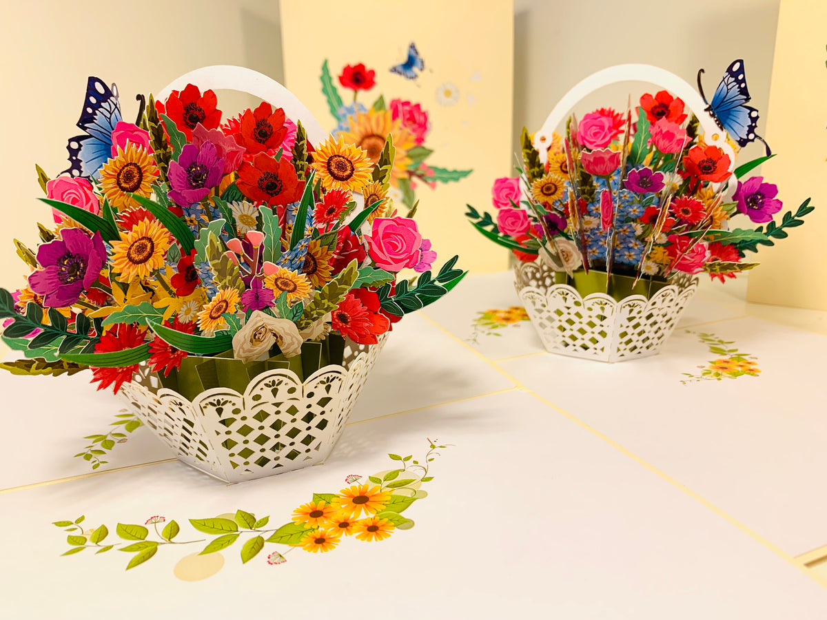 CREAM Spring Colourful Flower Basket Origami Pop Cards 3D Pop Up Greeting Card Happy Birthday Thank You Handmade Gift Thinking of You Blank Card for Any Occasion Happy Mother's Day Happy Father's Australiana Celebrate the Beauty of Flower and Romantic