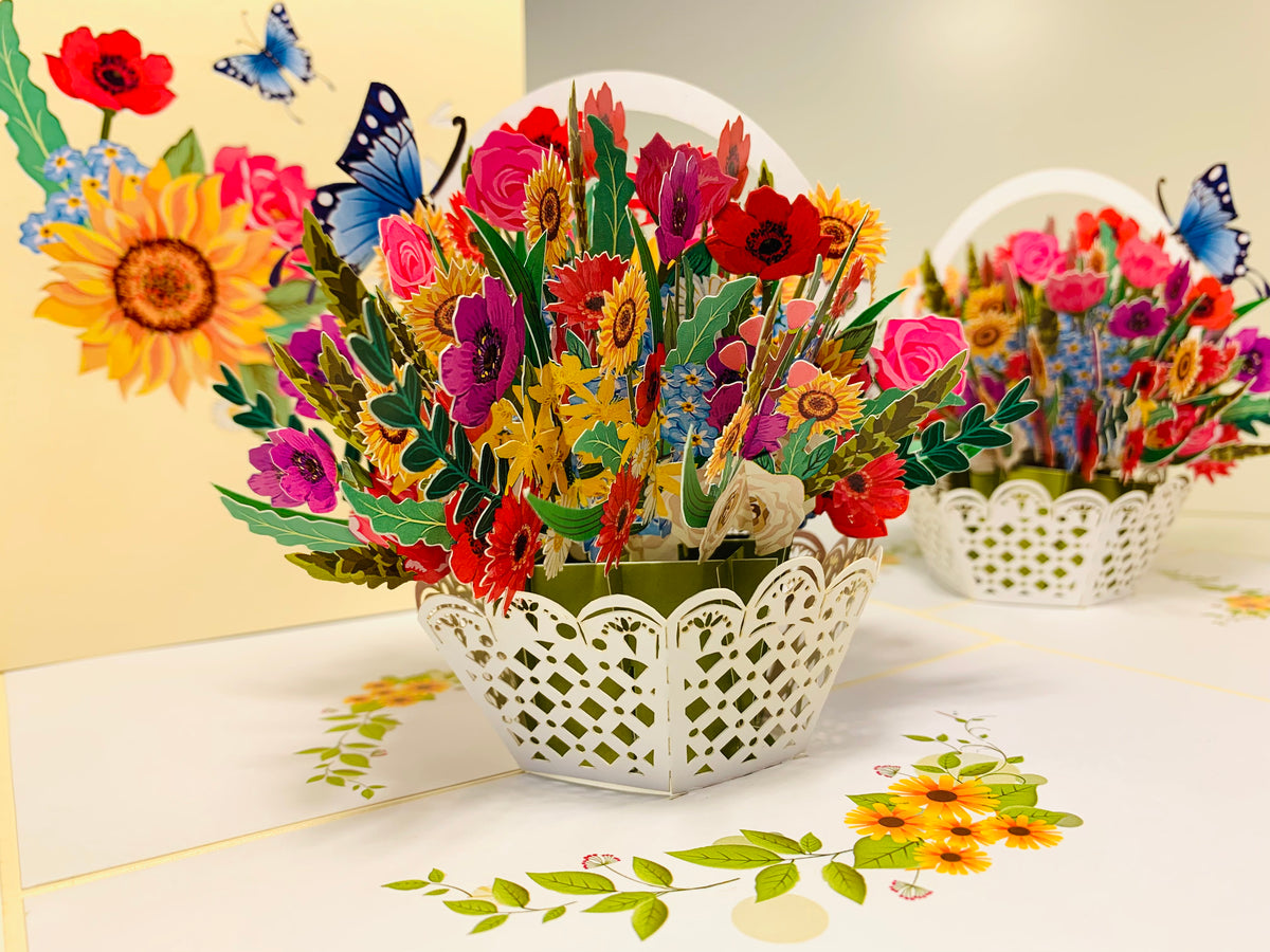 CREAM Spring Colourful Flower Basket Origami Pop Cards 3D Pop Up Greeting Card Happy Birthday Thank You Handmade Gift Thinking of You Blank Card for Any Occasion Happy Mother's Day Happy Father's Australiana Celebrate the Beauty of Flower and Romantic