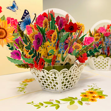 CREAM Spring Colourful Flower Basket Origami Pop Cards 3D Pop Up Greeting Card Happy Birthday Thank You Handmade Gift Thinking of You Blank Card for Any Occasion Happy Mother's Day Happy Father's Australiana Celebrate the Beauty of Flower and Romantic