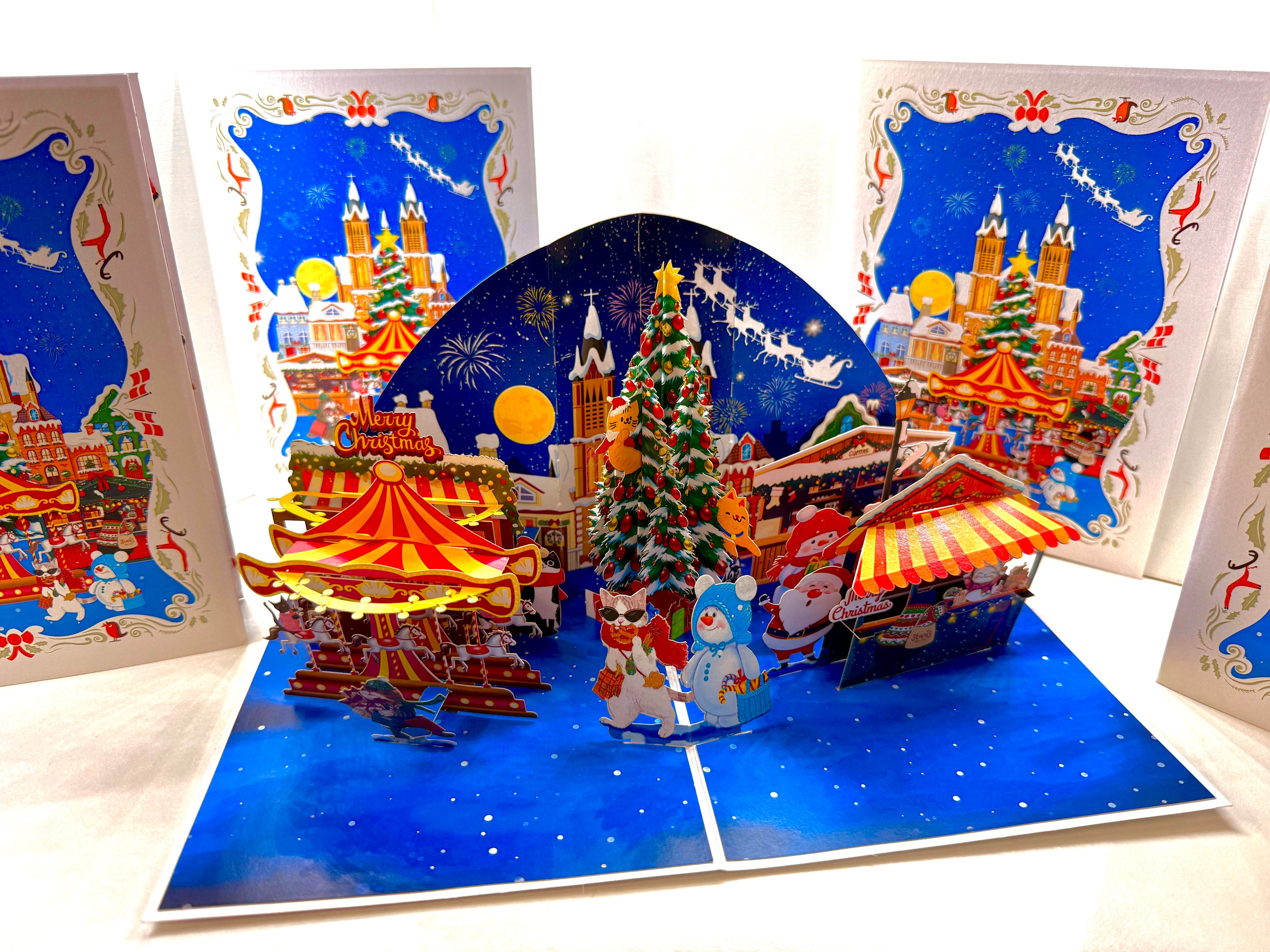 Cat World Snowy Village Winter Wonderland Amusement Park Origami Pop Cards 3D Pop Up Greeting Card Merry Christmas Thank You Handmade Best Wishes Blank Card Gift Happy Holidays Celebrate the Special Day