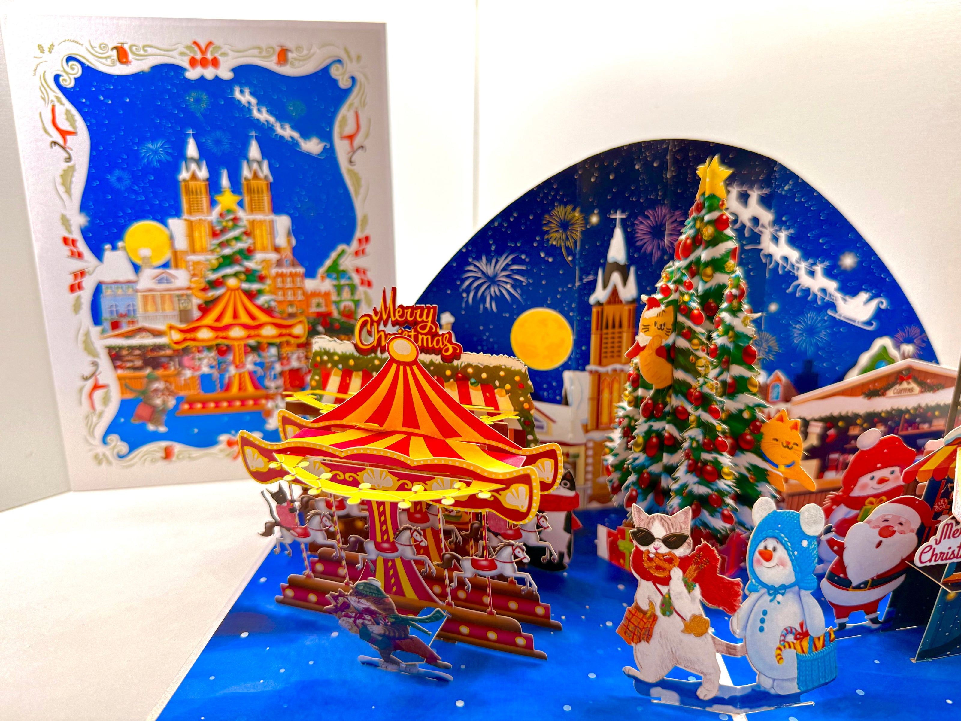 Cat World Snowy Village Winter Wonderland Amusement Park Origami Pop Cards 3D Pop Up Greeting Card Merry Christmas Thank You Handmade Best Wishes Blank Card Gift Happy Holidays Celebrate the Special Day