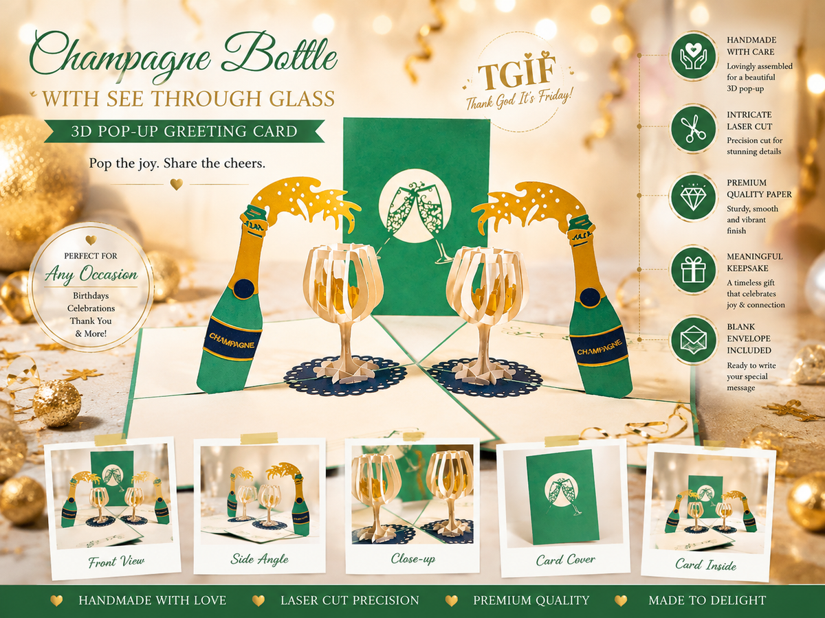 Metallic Champagne Bottle with See Through Glass Origami Pop Cards 3D Pop Up Greeting Card Happy Birthday Thank You Handmade Gift Thinking of You Blank Card for Any Occasion Happy Mother's Day Happy Father's Australiana