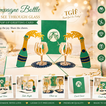 Metallic Champagne Bottle with See Through Glass Origami Pop Cards 3D Pop Up Greeting Card Happy Birthday Thank You Handmade Gift Thinking of You Blank Card for Any Occasion Happy Mother's Day Happy Father's Australiana