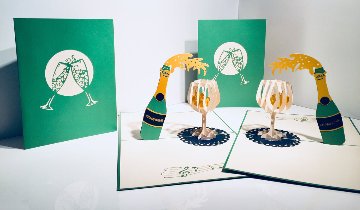 Metallic Champagne Bottle with See Through Glass Origami Pop Cards 3D Pop Up Greeting Card Happy Birthday Thank You Handmade Gift Thinking of You Blank Card for Any Occasion Happy Mother's Day Happy Father's Australiana