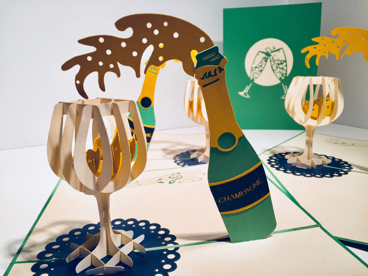 Metallic Champagne Bottle with See Through Glass Origami Pop Cards 3D Pop Up Greeting Card Happy Birthday Thank You Handmade Gift Thinking of You Blank Card for Any Occasion Happy Mother's Day Happy Father's Australiana