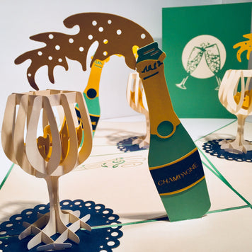 Metallic Champagne Bottle with See Through Glass Origami Pop Cards 3D Pop Up Greeting Card Happy Birthday Thank You Handmade Gift Thinking of You Blank Card for Any Occasion Happy Mother's Day Happy Father's Australiana