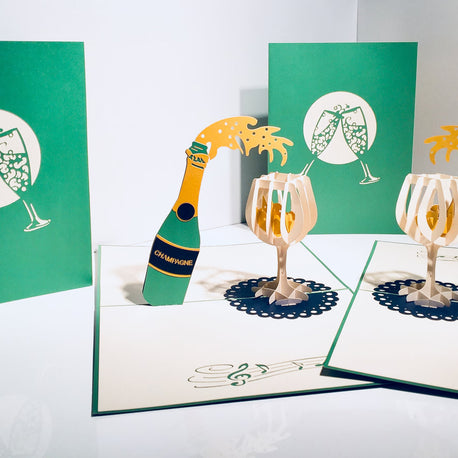 Metallic Champagne Bottle with See Through Glass Origami Pop Cards 3D Pop Up Greeting Card Happy Birthday Thank You Handmade Gift Thinking of You Blank Card for Any Occasion Happy Mother's Day Happy Father's Australiana