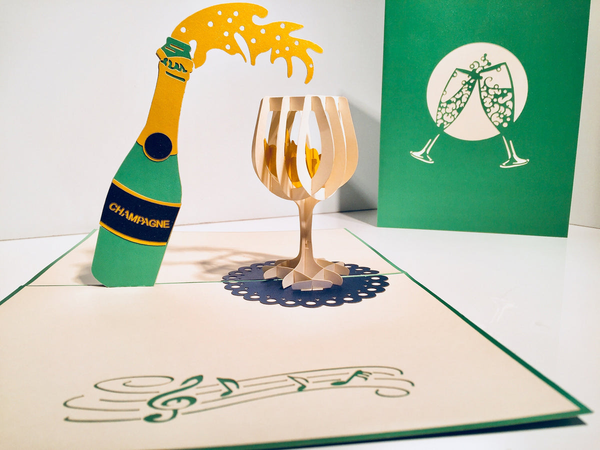 Metallic Champagne Bottle with See Through Glass Origami Pop Cards 3D Pop Up Greeting Card Happy Birthday Thank You Handmade Gift Thinking of You Blank Card for Any Occasion Happy Mother's Day Happy Father's Australiana