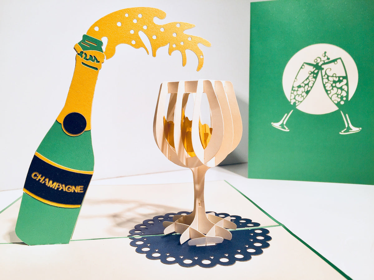 Metallic Champagne Bottle with See Through Glass Origami Pop Cards 3D Pop Up Greeting Card Happy Birthday Thank You Handmade Gift Thinking of You Blank Card for Any Occasion Happy Mother's Day Happy Father's Australiana