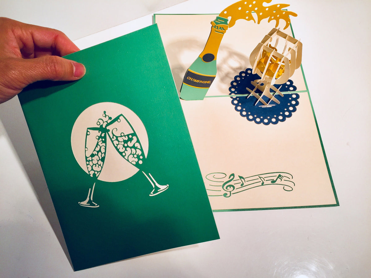 Metallic Champagne Bottle with See Through Glass Origami Pop Cards 3D Pop Up Greeting Card Happy Birthday Thank You Handmade Gift Thinking of You Blank Card for Any Occasion Happy Mother's Day Happy Father's Australiana