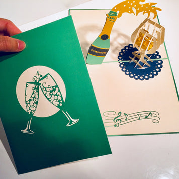 Metallic Champagne Bottle with See Through Glass Origami Pop Cards 3D Pop Up Greeting Card Happy Birthday Thank You Handmade Gift Thinking of You Blank Card for Any Occasion Happy Mother's Day Happy Father's Australiana
