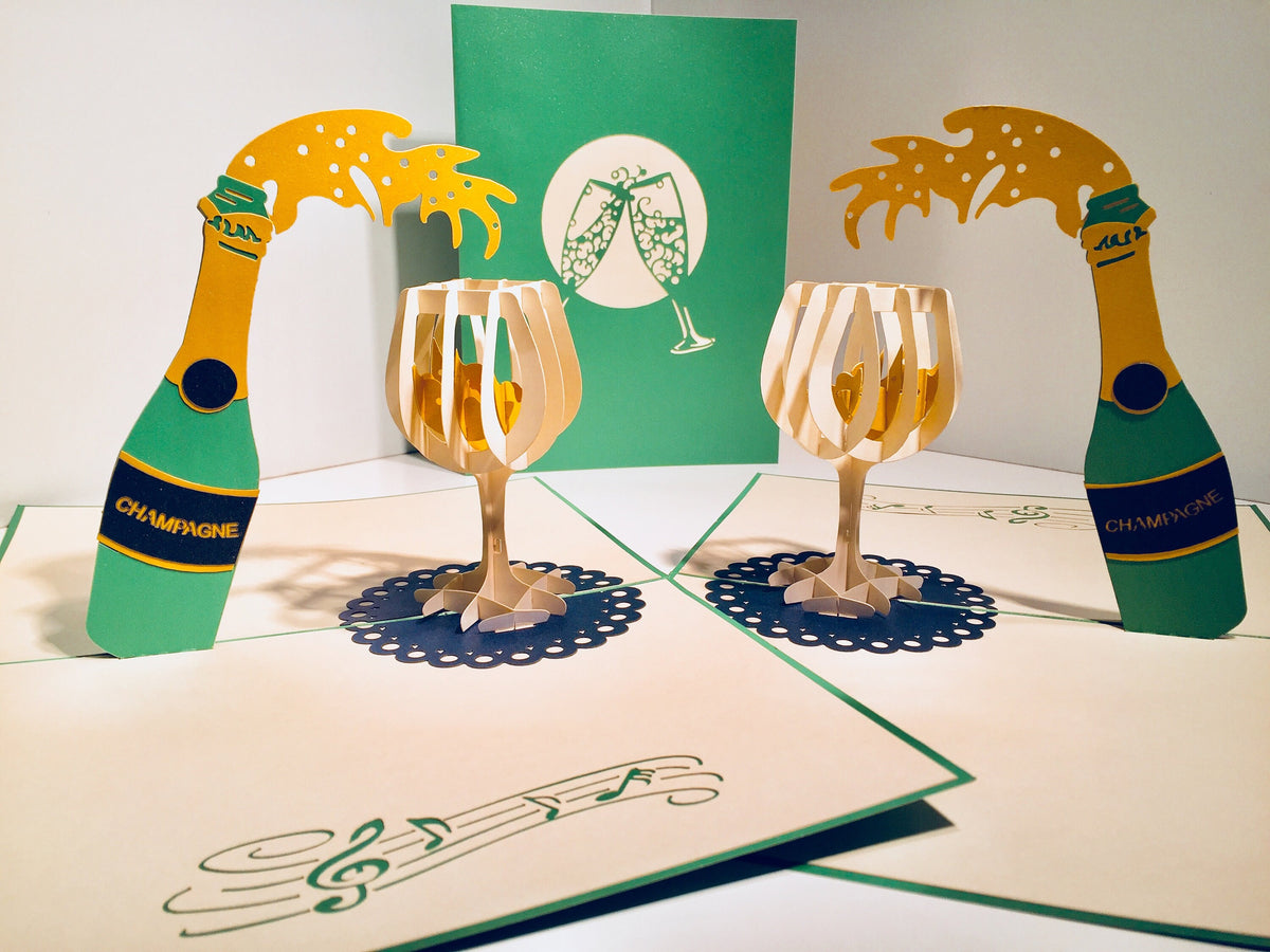 Metallic Champagne Bottle with See Through Glass Origami Pop Cards 3D Pop Up Greeting Card Happy Birthday Thank You Handmade Gift Thinking of You Blank Card for Any Occasion Happy Mother's Day Happy Father's Australiana