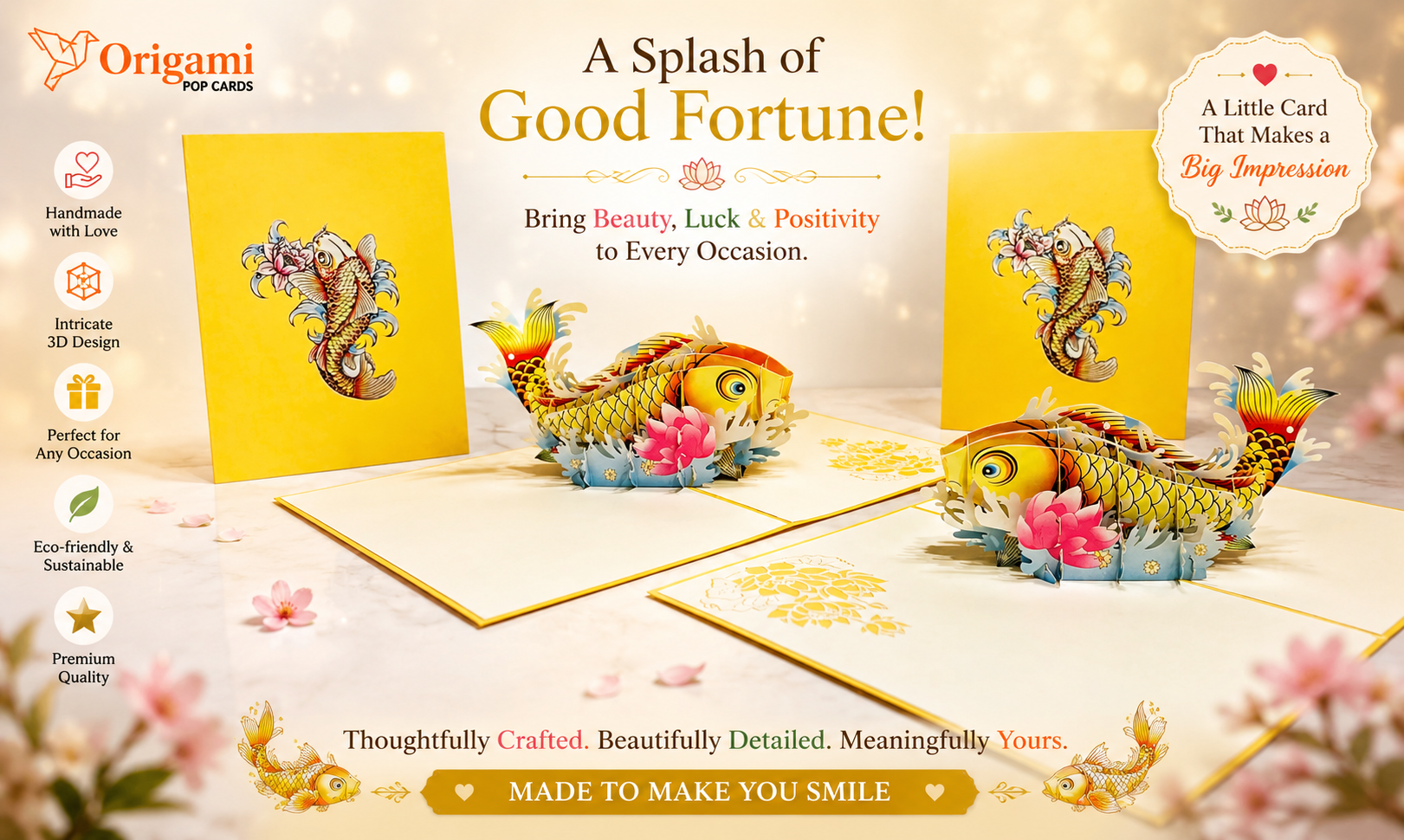 Gold Koi Japanese Fish Origami Pop Cards 3D Pop Up Greeting Card Happy Birthday Thank You Handmade Gift Thinking of You Blank Card for Any Occasion Happy Mother's Day Happy Father's Australiana Celebrate the Beauty of Flower