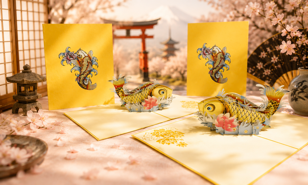Gold Koi Japanese Fish Origami Pop Cards 3D Pop Up Greeting Card Happy Birthday Thank You Handmade Gift Thinking of You Blank Card for Any Occasion Happy Mother's Day Happy Father's Australiana Celebrate the Beauty of Flower