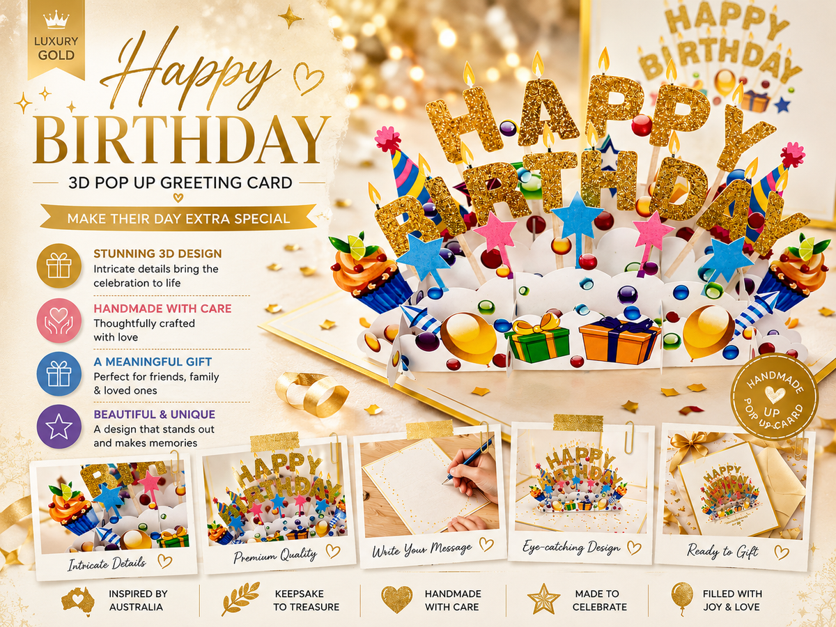 Luxury Gold Happy Birthday with Presents Origami Pop Cards 3D Pop Up Greeting Card Thank You Handmade Gift Thinking of You Happy Birthday Occasion Australiana Celebrate the Beauty and Happiness During Special Day Best Wishes Gift