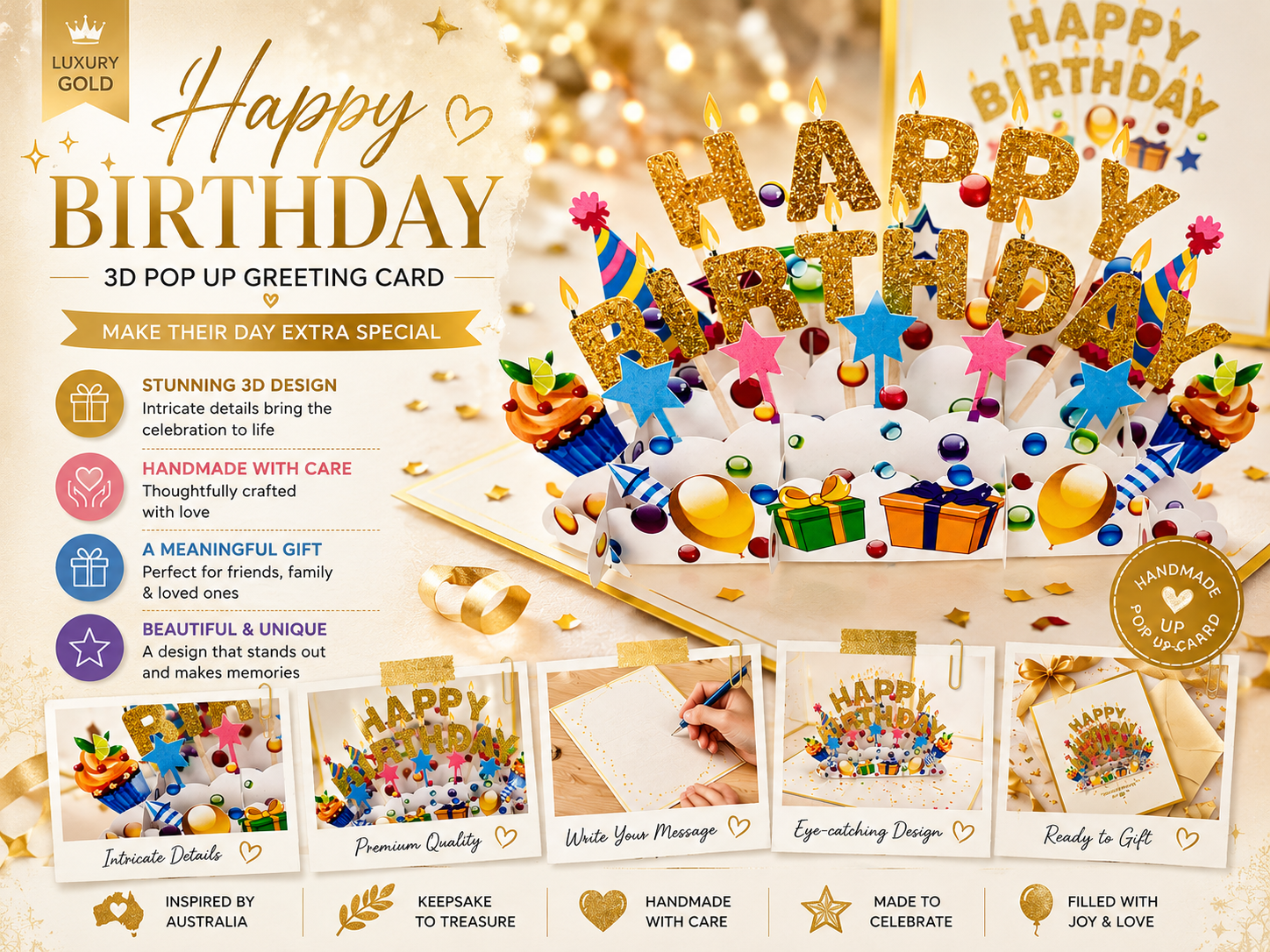 Luxury Gold Happy Birthday with Presents Origami Pop Cards 3D Pop Up Greeting Card Thank You Handmade Gift Thinking of You Happy Birthday Occasion Australiana Celebrate the Beauty and Happiness During Special Day Best Wishes Gift