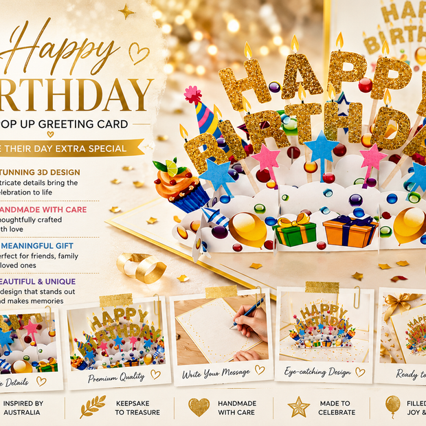 Luxury Gold Happy Birthday with Presents Origami Pop Cards 3D Pop Up Greeting Card Thank You Handmade Gift Thinking of You Happy Birthday Occasion Australiana Celebrate the Beauty and Happiness During Special Day Best Wishes Gift