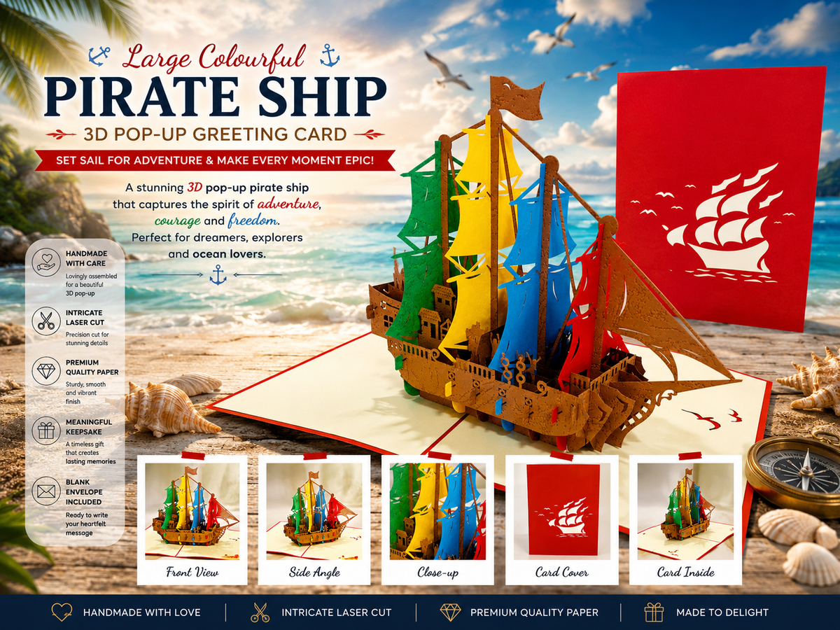 Large Colourful Pirate Ship Origami Pop Cards 3D Pop Up Greeting Card Happy Birthday Thank You Handmade Gift Thinking of You Blank Card for Any Occasion Happy Mother's Day Happy Father's Australiana Celebrate the Beauty