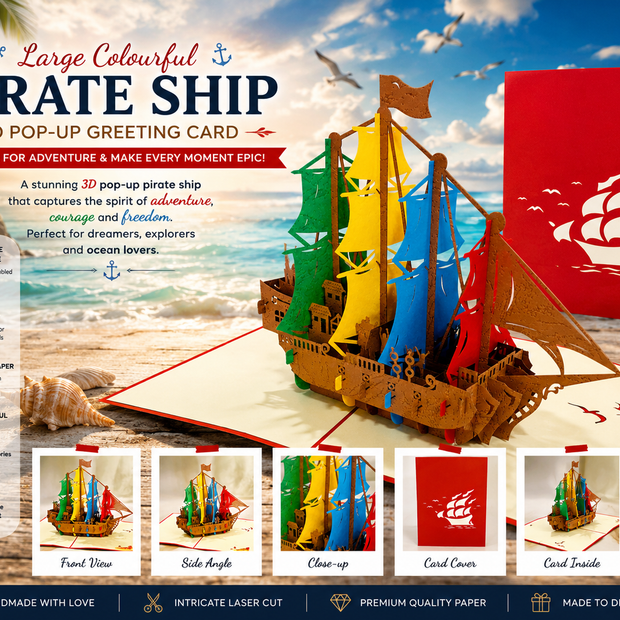 Large Colourful Pirate Ship Origami Pop Cards 3D Pop Up Greeting Card Happy Birthday Thank You Handmade Gift Thinking of You Blank Card for Any Occasion Happy Mother's Day Happy Father's Australiana Celebrate the Beauty