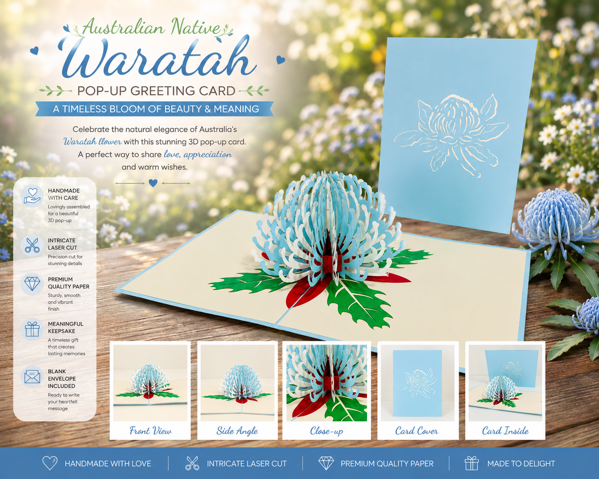Waratah Australian Native Flower in Turquoise & White Origami Pop Cards 3D Pop Up Greeting Card Happy Birthday Thank You Handmade Gift Thinking of You Blank Card for Any Occasion Happy Mother's Day Happy Father's Australiana