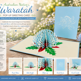 Waratah Australian Native Flower in Turquoise & White Origami Pop Cards 3D Pop Up Greeting Card Happy Birthday Thank You Handmade Gift Thinking of You Blank Card for Any Occasion Happy Mother's Day Happy Father's Australiana