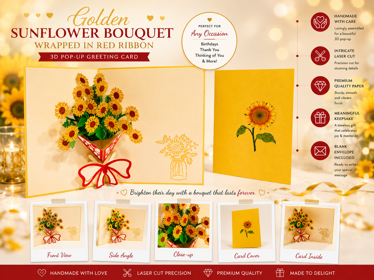 Golden Sunflower Bouquet Wrapped in Red Ribbon Pop Cards 3D Pop Up Greeting Card Happy Birthday Thank You Handmade Gift Thinking of You Blank Card for Any Occasion Happy Mother's Day Happy Father's Australiana Celebrate the Beauty of Flower