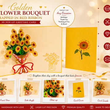 Golden Sunflower Bouquet Wrapped in Red Ribbon Pop Cards 3D Pop Up Greeting Card Happy Birthday Thank You Handmade Gift Thinking of You Blank Card for Any Occasion Happy Mother's Day Happy Father's Australiana Celebrate the Beauty of Flower