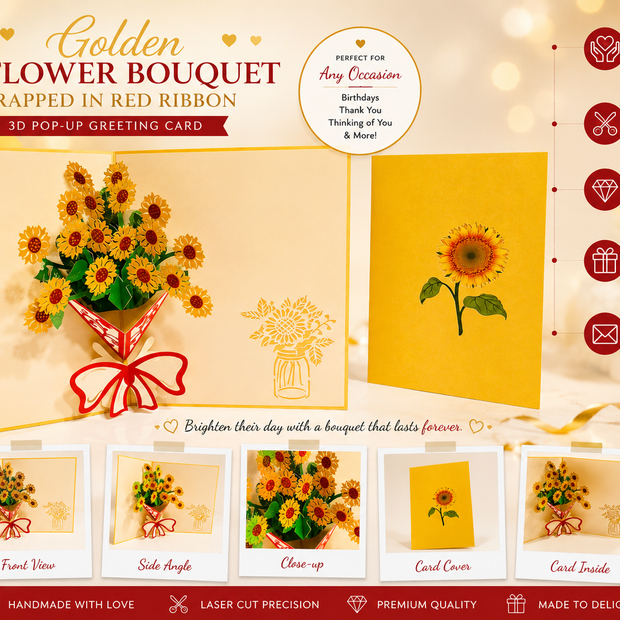 Golden Sunflower Bouquet Wrapped in Red Ribbon Pop Cards 3D Pop Up Greeting Card Happy Birthday Thank You Handmade Gift Thinking of You Blank Card for Any Occasion Happy Mother's Day Happy Father's Australiana Celebrate the Beauty of Flower