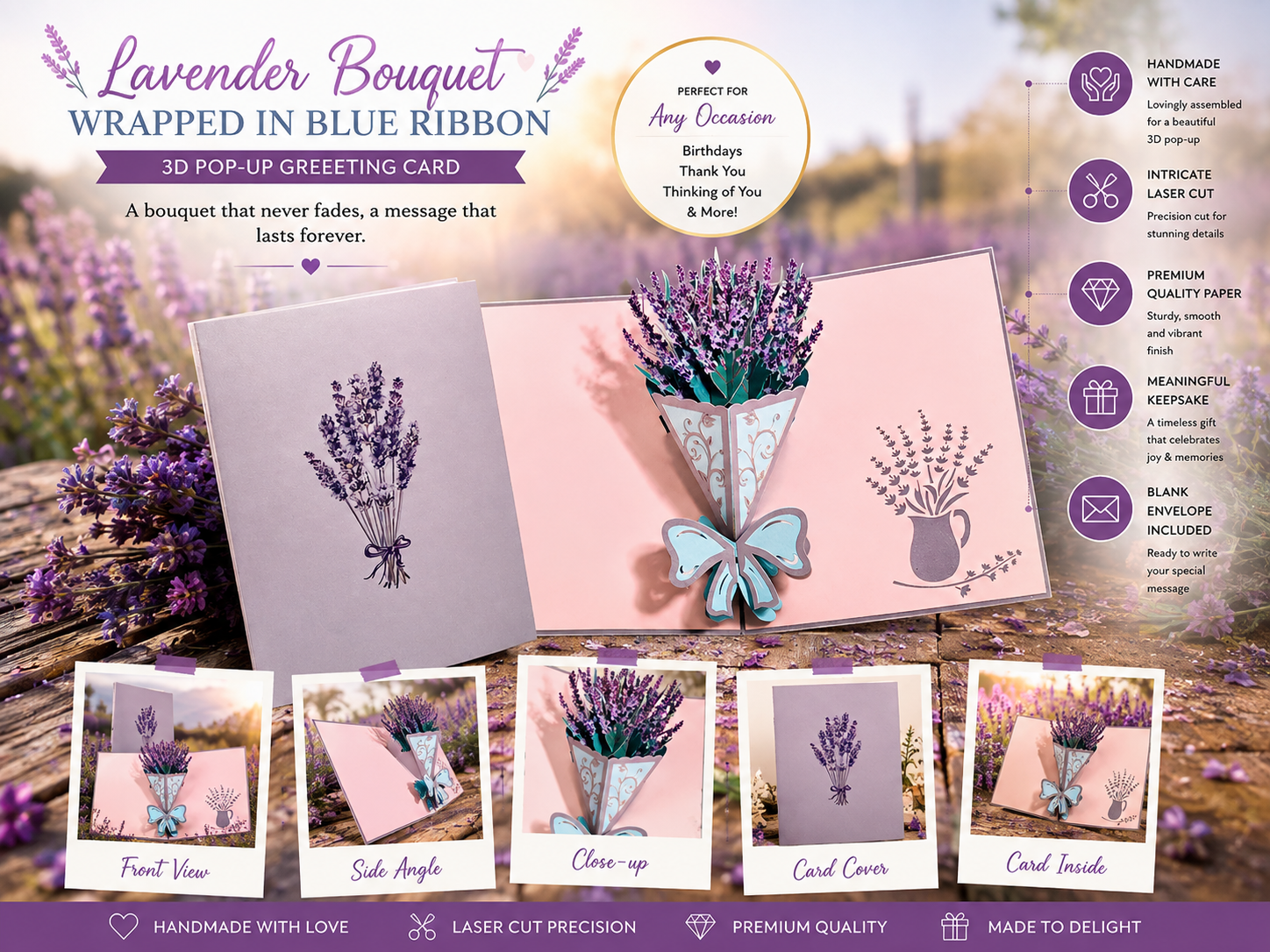 Lavender Bouquet Wrapped in Blue Ribbon Origami Pop Cards 3D Pop Up Greeting Card Happy Birthday Thank You Handmade Gift Thinking of You Blank Card for Any Occasion Happy Mother's Day Happy Valentine's Australiana Celebrate the Beauty and Romantic