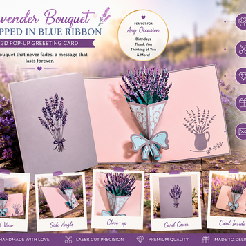 Lavender Bouquet Wrapped in Blue Ribbon Origami Pop Cards 3D Pop Up Greeting Card Happy Birthday Thank You Handmade Gift Thinking of You Blank Card for Any Occasion Happy Mother's Day Happy Valentine's Australiana Celebrate the Beauty and Romantic
