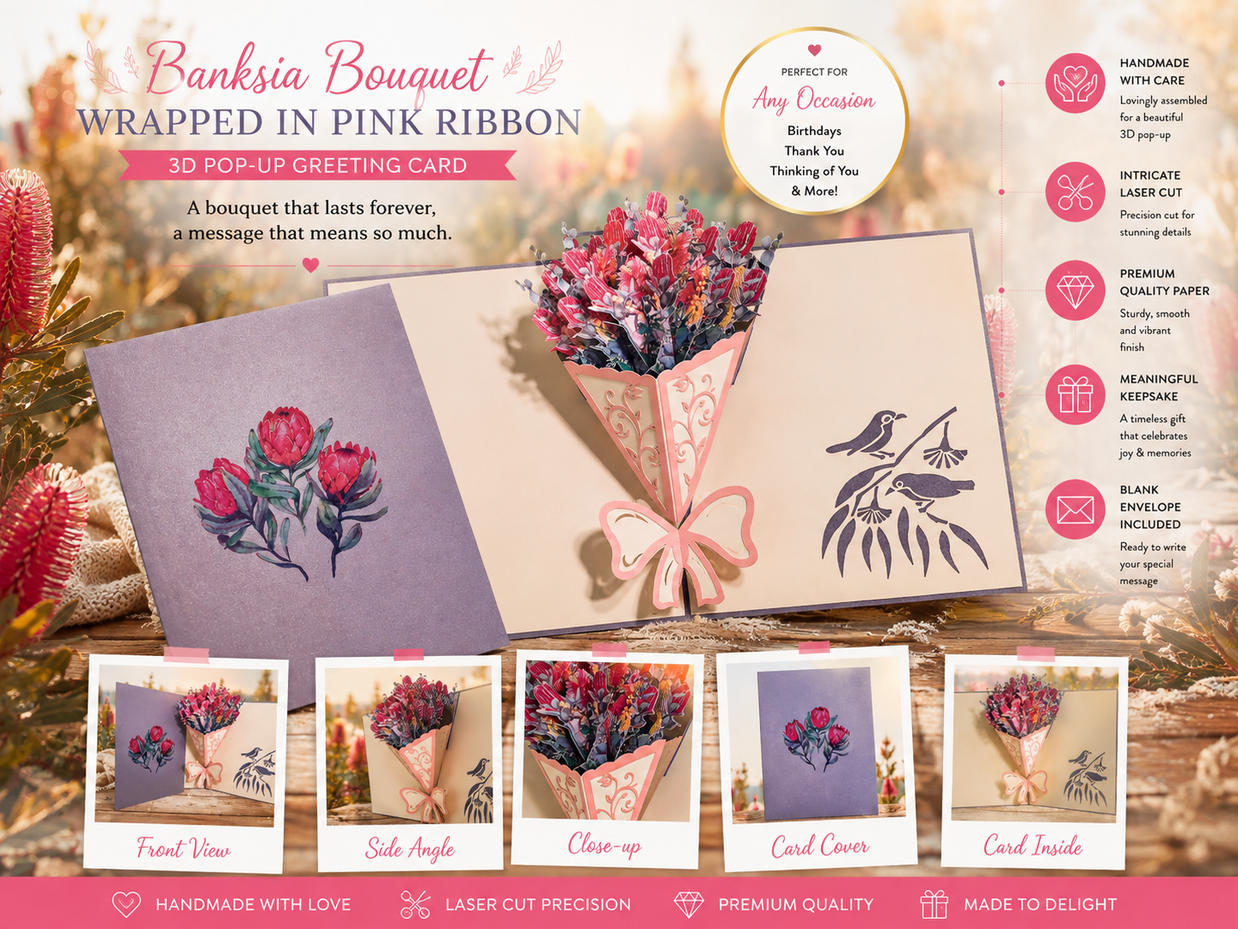 Banksia Bouquet Wrapped in Pink Ribbon Origami Pop Cards 3D Pop Up Greeting Card Happy Birthday Thank You Handmade Gift Thinking of You Blank Card for Any Occasion Happy Mother's Day Happy Valentine's Australiana Celebrate the Beauty and Romantic