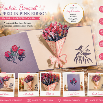 Banksia Bouquet Wrapped in Pink Ribbon Origami Pop Cards 3D Pop Up Greeting Card Happy Birthday Thank You Handmade Gift Thinking of You Blank Card for Any Occasion Happy Mother's Day Happy Valentine's Australiana Celebrate the Beauty and Romantic