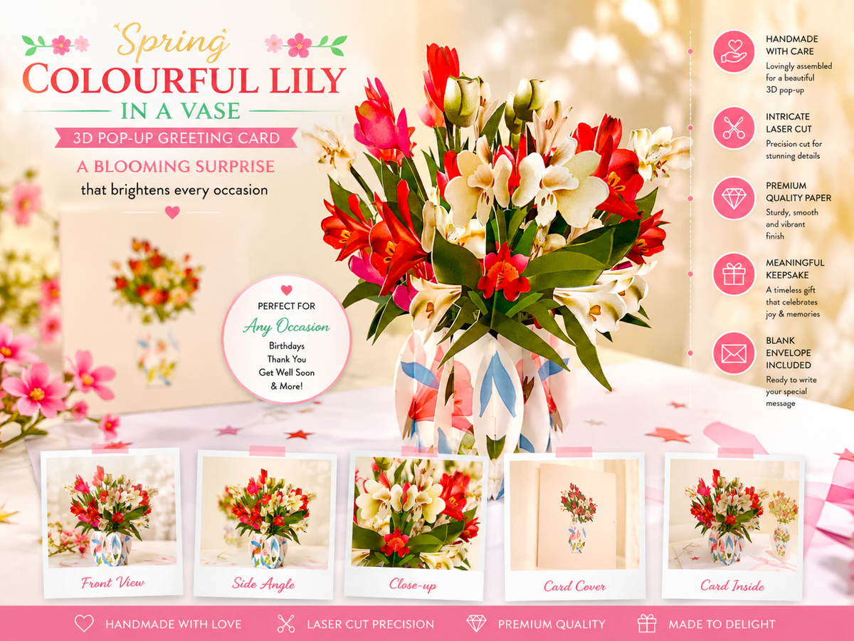 Spring Colourful Lily Flowers in a Vase Origami Pop Cards 3D Pop Up Greeting Card Happy Birthday Thank You Handmade Gift Thinking of You Blank Card for Any Occasion Happy Mother's Day Happy Father's Australiana Celebrate the Beauty of Flower
