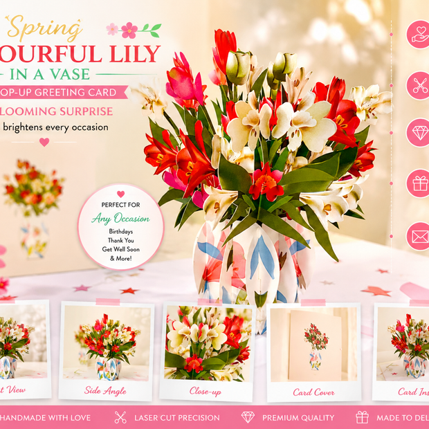 Spring Colourful Lily Flowers in a Vase Origami Pop Cards 3D Pop Up Greeting Card Happy Birthday Thank You Handmade Gift Thinking of You Blank Card for Any Occasion Happy Mother's Day Happy Father's Australiana Celebrate the Beauty of Flower